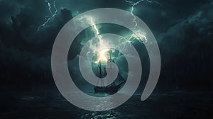Sailing-ship in time of storm from lightning