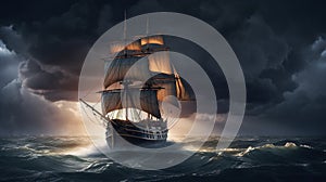 The sailing-ship in time of storm from lightnings