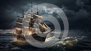 The sailing-ship in time of storm from lightnings