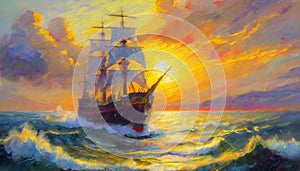 sailing ship travel through ocean at sunset, oil painting