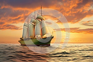 Sailing ship under sail at sunset on the high seas