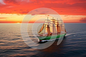 Sailing ship under sail at sunset on the high seas