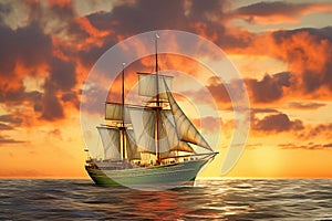 Sailing ship under sail at sunset on the high seas