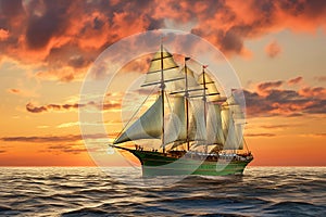 Sailing ship under sail at sunset on the high seas