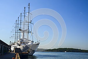 Sailing ship with water and blue sky in background, Oslo, Norway