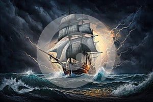 sailing ship on waves against backdrop of lightning sailing in a storm