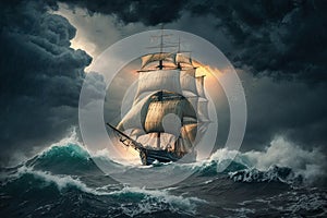 sailing ship on waves against backdrop of lightning sailing in a storm