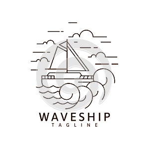 Sailing ship and waves illustration monoline or line art style