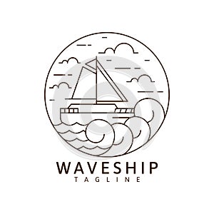 Sailing ship and waves illustration monoline or line art style