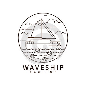 Sailing ship and waves illustration monoline or line art style