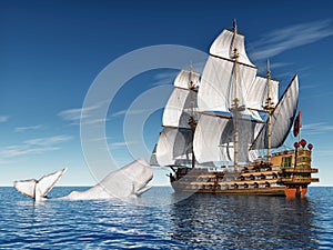 Sailing Ship with White Whale