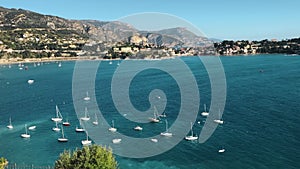 Sailing ship, yachts at sea. Aerial view of sailboat at calm day. Landscape of harbor, port in Nice. Cote d`Azur France. Villefra