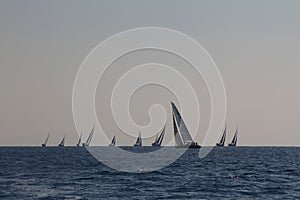 Sailing ship yachts with white sails in race the regatta in the open sea