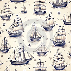 Sailing Ships and Anchors background, design seamless pattern