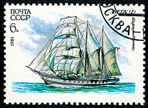 Sailing ships Barkentina Vega sailing ship at the sea