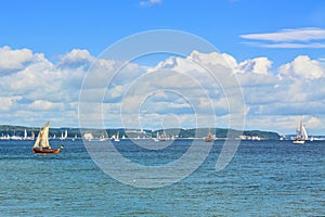 Sailing ships in the Bay of Gdansk, the Baltic Sea. A beautiful landscape