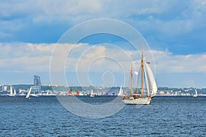 Sailing ships in the Bay of Gdansk, the Baltic Sea. A beautiful landscape