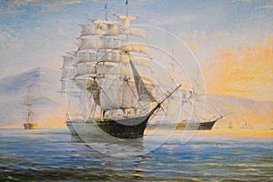 Sailing ships in bay, oil painting on canvas