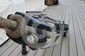 Sailing ships block and tackle on deck.