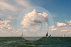 Sailing ships on the horizon on the IJsselmeer