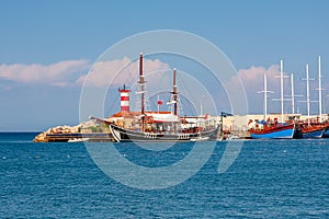 Sailing ships on marina in Kemer, Turkey.