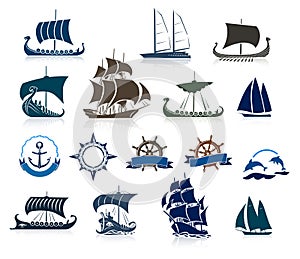 Sailing Ships Silhouettes And Marine Emblems