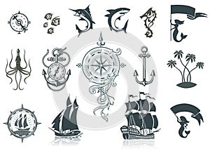 Sailing Ships Silhouettes And Marine Emblems