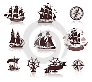 Sailing ships silhouettes and marine symbols iconset