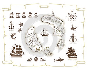 Sailing ships silhouettes and marine symbols set