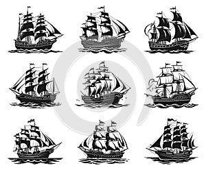 Sailing ships silhouettes. Old sail boats black on white, vintage pirates frigate schooner brigantine retro sailboats