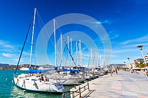 Sailing ships and yachts moored in the port of Volos, Greece