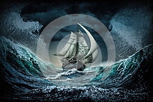 sailing in a storm against backdrop of furious sea and high waves
