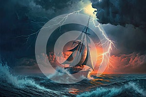 sailing in a storm against backdrop of lightning and rising waves