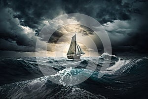 sailing in a storm against background of sea and sky with overcast sun