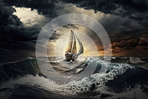 sailing in a storm against background of sea and sky with overcast sun