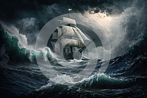sailing in a storm on open sea and waves breaking against ship