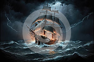 sailing in a storm ship on dark sea against backdrop of lightning and rain