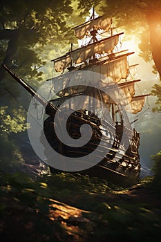 Sailing Through the Sunlit Woods: A Pirate Ship\'s Journey to Unc photo