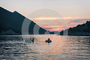 Sailing sunset on adriatic sea Makarska Korcula Croatia. Yacht in marina, sailing in Croatia.