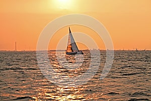 Sailing at sunset on the IJsselmeer in Netherlands
