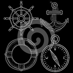 Sailing symbols - steering wheel, anchor, lifebuoy, compass. Hand drawn sketch