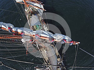 Sailing on tallship or sailboat, view from aloft