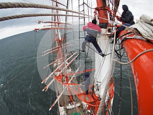 Sailing on tallship or sailboat, view from aloft