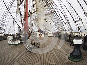 Sailing on tallship or sailboat, view from deck