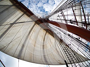 Sailing on tallship or sailboat, view of sails