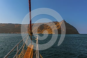 Sailing towards the island of Thirasia, Santorini