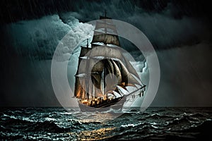 sailing vessel against backdrop of black sky and falling rain sailing in a storm