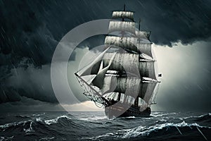 sailing vessel against backdrop of black sky and falling rain sailing in a storm