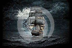sailing vessel against backdrop of black sky and falling rain sailing in a storm