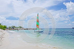 Sailing vessel ashore island of Maafushi Maldives